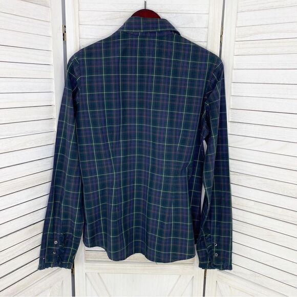 Tommy Hilfiger Plaid Ruffle Cuff Trim Button Front Shirt Green Navy Medium - Picture 10 of 15